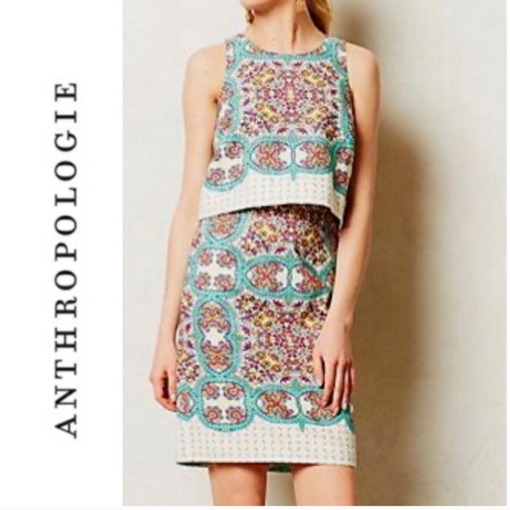 Anthropologie Floral Mosaic Skirt Set in Blue and Pink